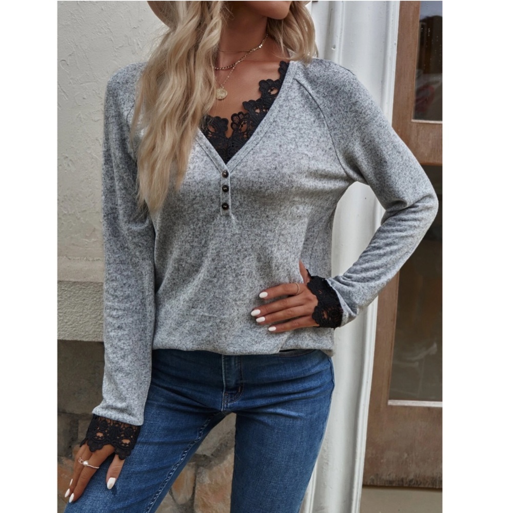 Grey Casual Marled Long Sleeve Tee Shirt V neck Buttons Contrast Black Lace - Picture 6 of 9